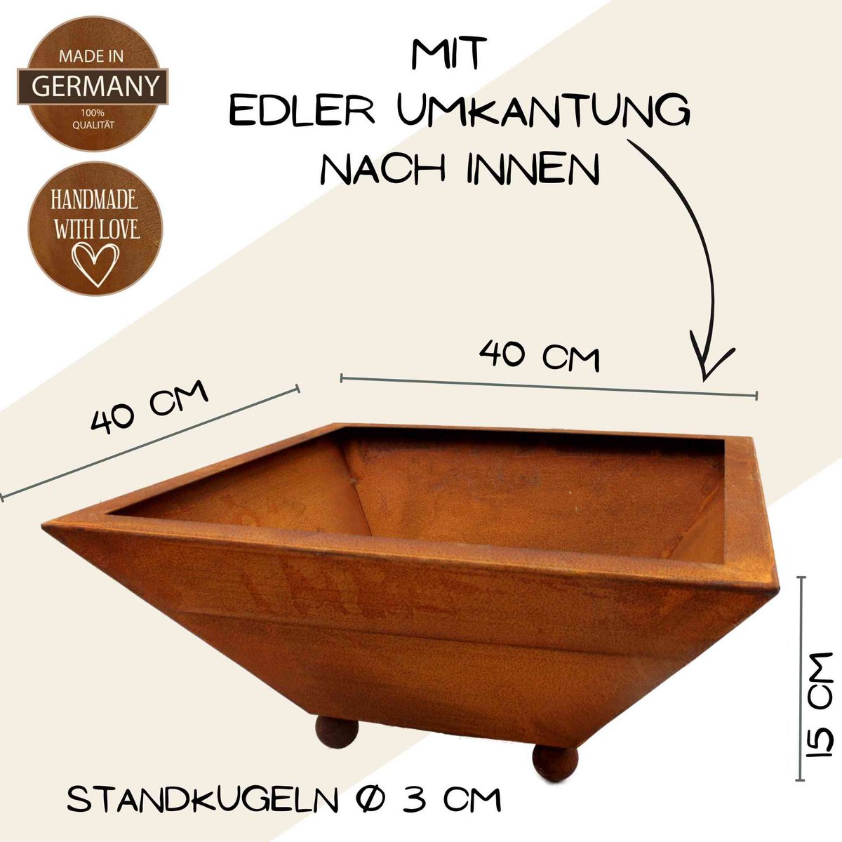 Rost Deko Pflanzschale | 40 x 40 cm Tiefe 15 cm| mit und ohne Kugeln | Shabby Chic Gartendeko - Feuertonnen Bertling®