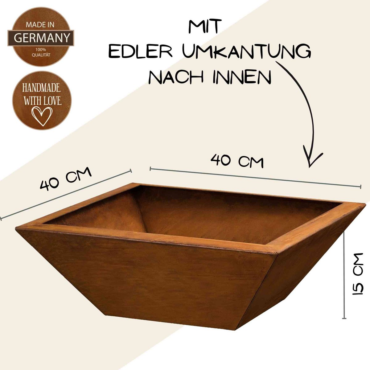 Rost Deko Pflanzschale | 40 x 40 cm Tiefe 15 cm| mit und ohne Kugeln | Shabby Chic Gartendeko - Feuertonnen Bertling®